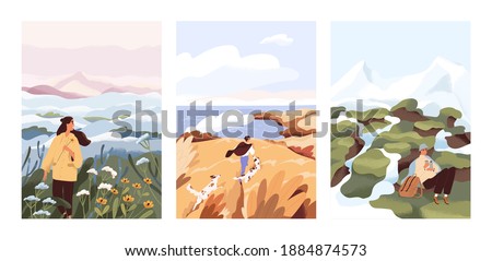 Man and woman relax outdoor at natural landscape vector flat illustration. Scenes with people walking alone, enjoy scenic nature views. Concept of freedom, relax and inspirational lifestyle