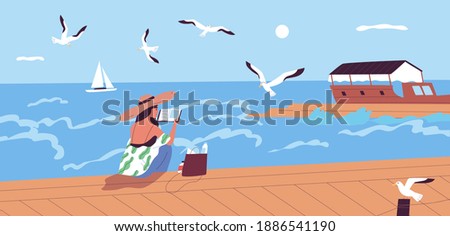 Woman reading book at waterfront alone vector flat illustration. Female character spending time alone enjoying literature and summer sea landscape. Relaxed person sitting on embankment