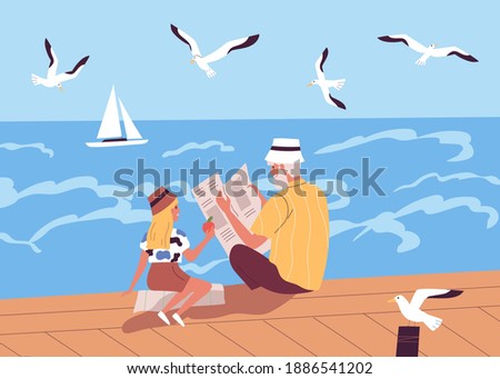 Granddaughter and grandfather spending time together sitting on waterfront vector flat illustration. Elderly man reading newspaper, girl eating apple enjoy seascape. Happy family rest at seashore