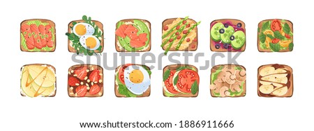 Set of toasts and sandwiches with different healthy ingredients. Slices of bread with eggs, avocado, champignons, vegetables, chocolate pasta and bananas. Flat vector illustration isolated on white