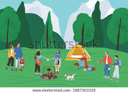Group of active people spending time at camping in forest vector flat illustration. Backpackers and hikers relaxing near tent and campfire. Tourists enjoying outdoor recreation and summer landscape