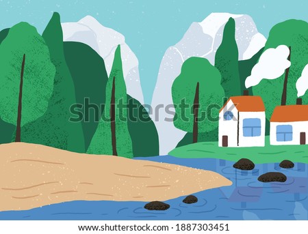 Beautiful natural landscape with forest, mountain, river and countryside houses vector flat illustration. Colorful rural scenery with woods and lake. Scenic view of rustic huts in nature