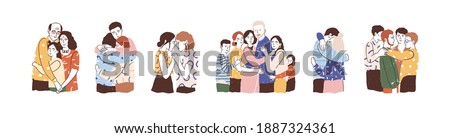 Set of people hugging and support each other isolated on white. Concept of reunion and warm relationship. Families, couple and friends cuddling. Vector illustration in flat cartoon style