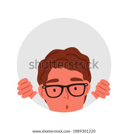 Surprised male teenager in glasses peeping through circle hole vector flat illustration. Amazed curious man watching into rounded frame isolated on white. Shocked man searching or seeking something. 
