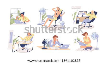 People working in heat, using air conditioner and fan at home and in the office. Overheating and exhaustion. Workplace conditioning. Flat vector cartoon illustration isolated on white background