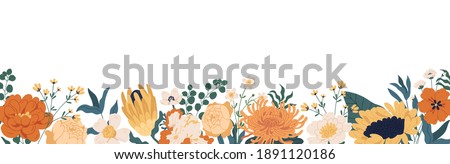 Gorgeous floral backdrop with border of blooming autumn flowers and leaves. Design of horizontal banner with elegant fall plants isolated on white background. Colorful flat vector illustration