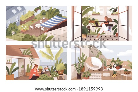 Set of gardens at terraces, balconies and roofs with plants and furniture. Modern cozy eco-style home interiors with greenery, tables and chairs. Colorful flat textured vector illustration.