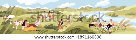 Landscape with people spending summer time outdoor. Men and women with children and pets relaxing in nature, having picnics and hiking on sunny day. Colored textured flat vector illustration.