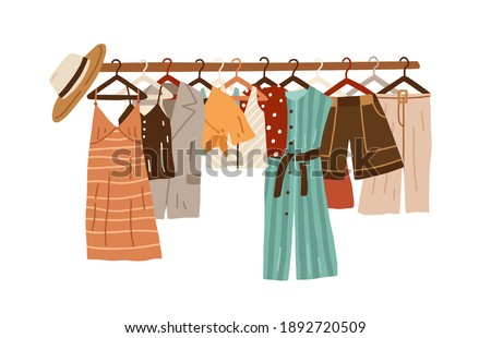 Stylish fashion clothes hanging on hangers on garment rack or rail isolated on white background. Organized women's summer wardrobe. Clothes storage. Hand-drawn colored flat vector illustration.
