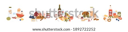 Set of different picnic food and drinks: snacks, fruits, desserts, sweets, bread, sandwich, avocado, bottles of wine, lemonade and juice. Colored flat vector illustration isolated on white background.