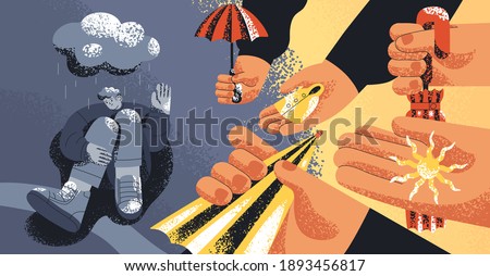 Upset man suffering from depression, refusing from helping hands and support offered by people. Concept of pessimism, aid rejection, losing hope and psychological problems. Flat vector illustration Сток-фото © 