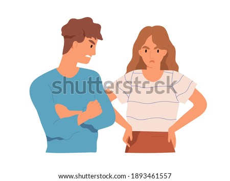 Couple of angry aggressive man and upset woman arguing and conflicting. Argument and offense between two people. Scene of family quarrel. Colored flat vector illustration isolated on white background Сток-фото © 