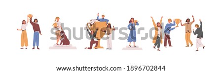 Set of happy competition champions holding golden cups and standing on pedestal. Success of male, female and dog winners awarded with prize. Flat vector illustration isolated on white background Stockfoto © 