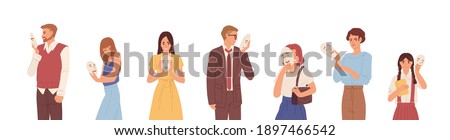 Set of people hiding faces behind social masks with fake positive emotions. Sad and angry men and women disguising real emotions and feelings. Colored flat vector illustration isolated on white
