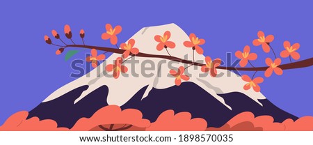 Scenic view of holy Fuji mountain and sakura branch with pink blossomed flowers during Hanami holiday. Japanese Fujiyama mount and blooming cherry trees. Colorful flat vector illustration