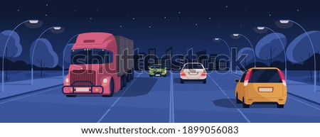 Night driving in lit city street with buildings and lights. Panoramic view of nighttime road traffic with cars and trucks. Horizontal colored flat cartoon vector illustration