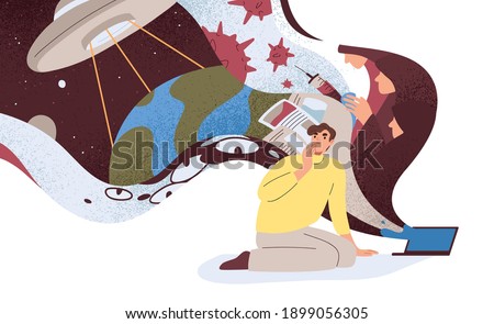 Conspiracy theories concept. Flow of disinformation and false ideas about coronavirus and covert plans of aliens. Concerned man at laptop. Colored flat vector illustration isolated on white background
