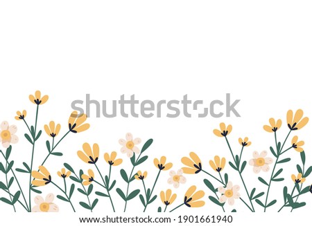 Horizontal botanical backdrop with border of delicate blooming yellow flowers. Floral flat vector illustration isolated on white background