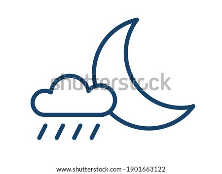 Simple icon of rainy weather at night time. Half moon and rain cloud with drops. Symbol of precipitation in line art style. Linear flat vector illustration isolated on white background