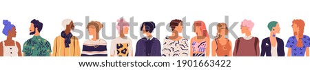 People of younger generation. Crowd of diverse young modern men and women isolated on white background. Friends communicating together standing in a row. Colored flat vector illustration