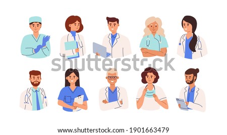 Set of smiling doctors, nurses and paramedics. Portraits of male and female medic workers in uniform with stethoscopes, masks and gloves. Flat cartoon vector illustration isolated on white background