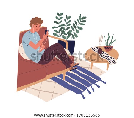 Guy sitting on sofa with phone and surfing internet. Young man watching funny videos in social networks. Teenager spending time at home using smartphone. Flat vector illustration isolated on white