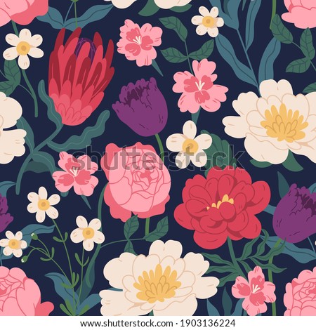 Gorgeous seamless pattern with peony roses, tulips and protea. Endless floral design with gorgeous spring flowers for printing. Repeatable botanical dark background. Colorful flat vector illustration
