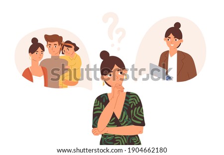 Young concerned woman choosing between family and career. Hard question about life and work balance, children and professional opportunities. Flat vector illustration isolated on white background