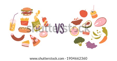 Healthy vs unhealthy food. Concept of choice between good and bad nutrition. Fastfood, sweet and fat eating versus balanced product set. Colored flat vector illustration isolated on white background