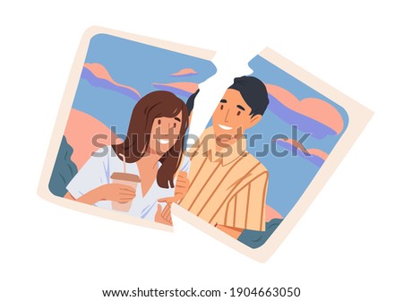 Torn picture of happy ex-couple. Break up and end of romantic relationship concept. Two pieces of photo with smiling man and woman. Colored flat vector illustration isolated on white background