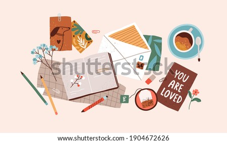 Top view of open notebook, envelope, postcards, greeting cards, pens and cups of tea and coffee. Preparation for holidays. Composition of scattered objects. Colored flat vector illustration