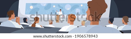 Doctors and scientists listening to speaker at medical conference. Professor of medicine lecturing or presenting scientific research. Colored flat vector illustration of audience at symposium hall