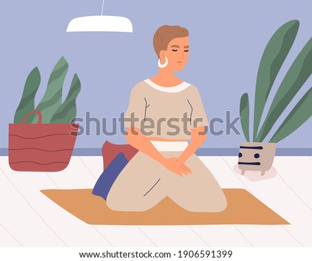 Woman meditating and performing breath control exercises in full lotus posture on mat. Peaceful relaxed yogi practicing yoga and mindfulness or vipassana meditation. Colored flat vector illustration