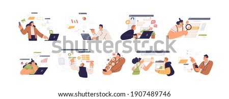 People working with big data, analyzing and auditing business processes. Online communication, analytics, management and multitasking. Colored flat vector illustration isolated on white background
