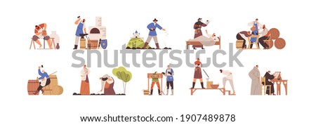 Set of medieval people working as blacksmith, potter, peasant, annalist, plague doctor, executioner. Scenes of daily life in Middle Ages. Colored flat vector illustration isolated on white background Stockfoto © 