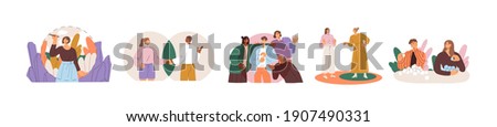 Collection of people setting, protecting and violating personal boundaries during social interaction with family, friends and colleagues. Colored flat vector illustration isolated on white background Сток-фото © 