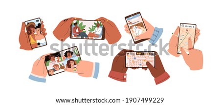 Set of hands touch smartphone screen and hold mobile phones with apps for taking selfie, watching video, social media, searching route on map, group calling and playing games. Flat vector illustration