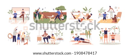 Set of healthy families doing sport exercises at home together. Happy parents workout with kids, practice yoga indoors and outdoors. Colored flat vector illustration isolated on white background