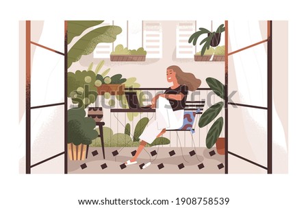 Woman working or relaxing with laptop at home balcony garden with furniture and potted plants. Modern trendy eco-style interior with greenery. Colored flat textured vector illustration.