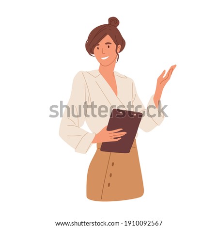 Happy young woman pointing and showing smth with hand. Smiling secretary or businesswoman explaining and presenting smth. Colored flat vector illustration isolated on white background