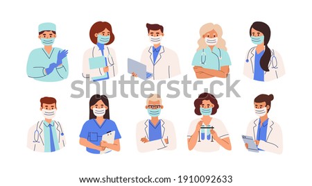 Set of doctors, nurses and paramedics in face masks. Portraits of male and female medic workers in uniform with laptop, stethoscopes and gloves. Flat vector illustration isolated on white background