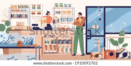 People in pet store buying food for dog. Buyer and seller inside zoo shop with toys, feed and other products for animals. Colored flat vector illustration of modern petshop interior