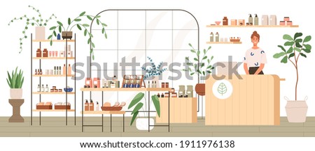 Interior of trendy cosmetics shop with organic natural products for skincare. Smiling seller behind counter in modern eco store with plants and wooden furniture. Colored flat vector illustration