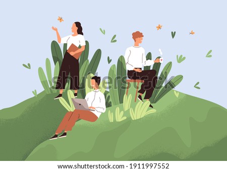 Positive working environment with happy employees concept. Comfortable workplace with good conditions, conducive psychological climate and healthy relations between workers. Flat vector illustration.
