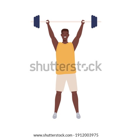 Athletic man in sportswear lifts heavy barbell to overhead.Young muscular weightlifter isolated on white background. Flat vector cartoon illustration of sportsman or powerlifter.