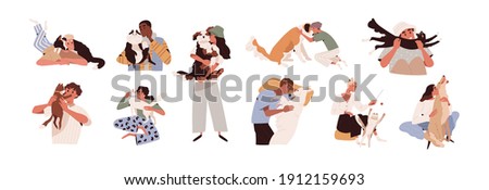 Set of happy pet owners with dogs and cats isolated on white background. Collection of people playing, hugging, cuddling with four-legged animal friends. Colored flat vector illustration.