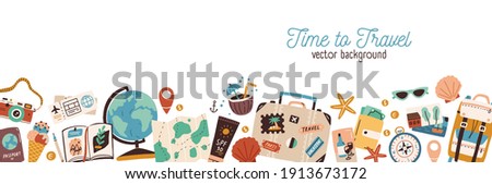 Banner with traveling and tourism elements. Colorful touristic objects like backpack, suitcase, map and globe and place for text. Summer holiday background. Colored flat vector illustration