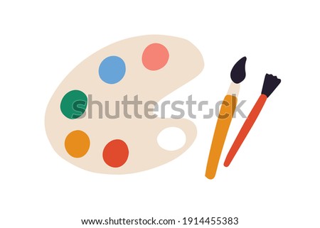 Artist's palette with paints of different colors and brushes or paintbrushes. Top view of painter's tools isolated on white background. Hand drawn flat vector illustration