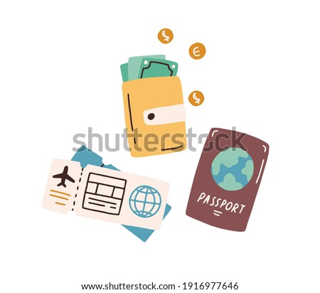 Tourist s items, passport, wallet with cash, boarding pass and flight ticket. Tourism and traveling by air plane concept. Colored flat vector illustration isolated on white background