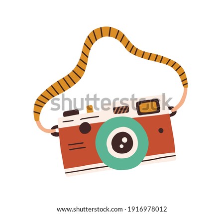 Retro film photo camera with strap isolated on white background. Old analog photocamera. Hand-drawn colored flat vector illustration